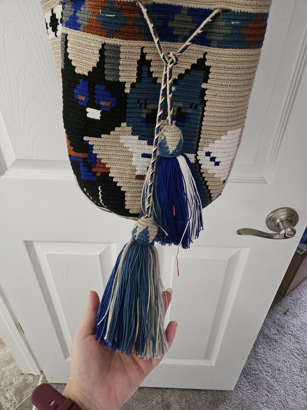 Source Unknown Beige, Blue, Black & White Woven Tassel Bucket Bag